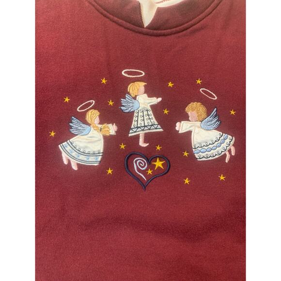 Vintage Grandma Sweatshirt 90s L Layered Collar Red Angels Christmas Embroidered - Picture 4 of 10